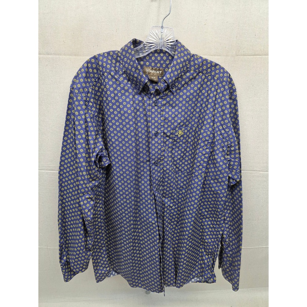 Ariat Mens Long Sleeve Button Down Shirt Blue Yellow Medallion Print Size Medium